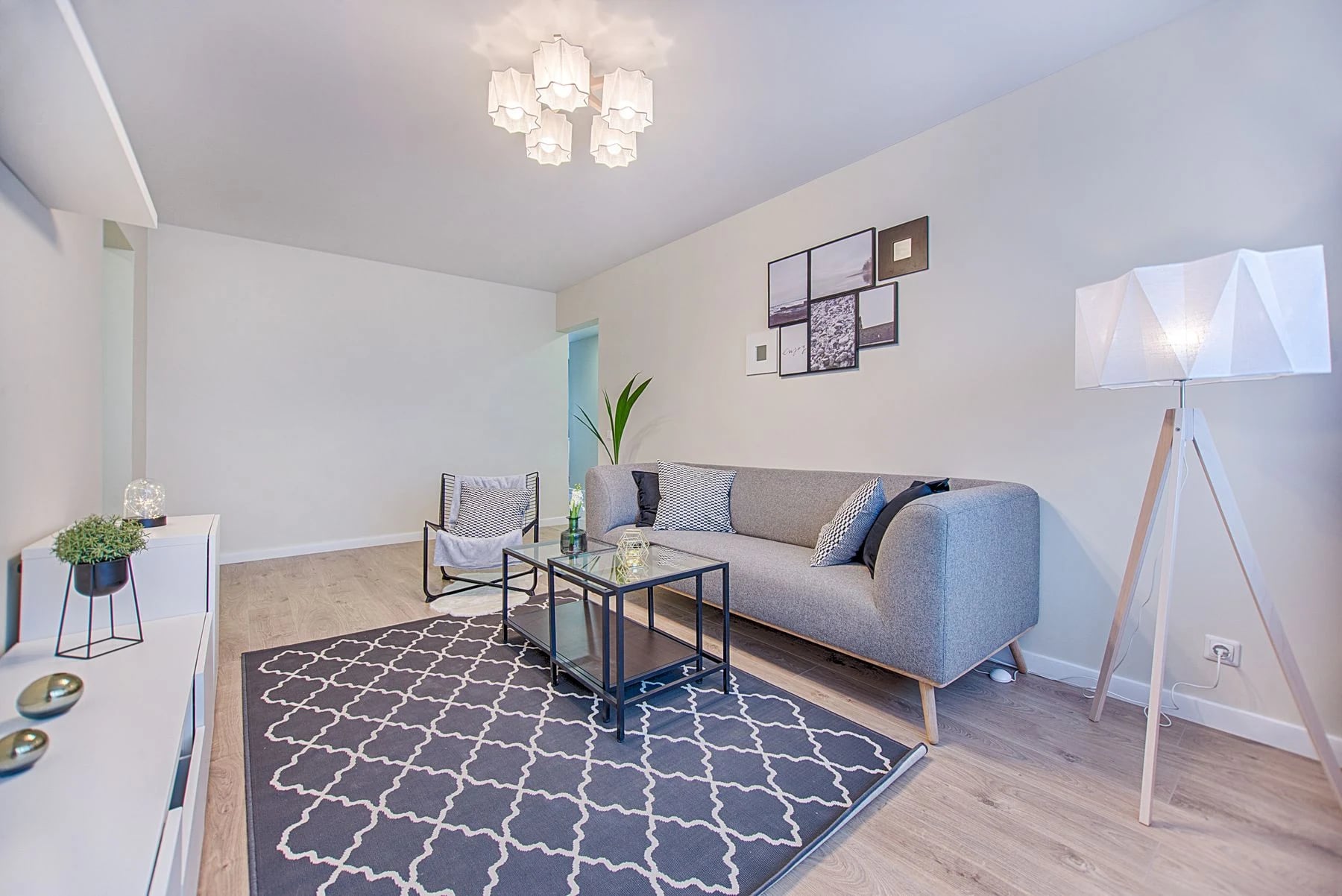 Sleek and stylish living room with modern furniture and minimalist decor in a contemporary apartment. Reference photograph for The Luma House.
