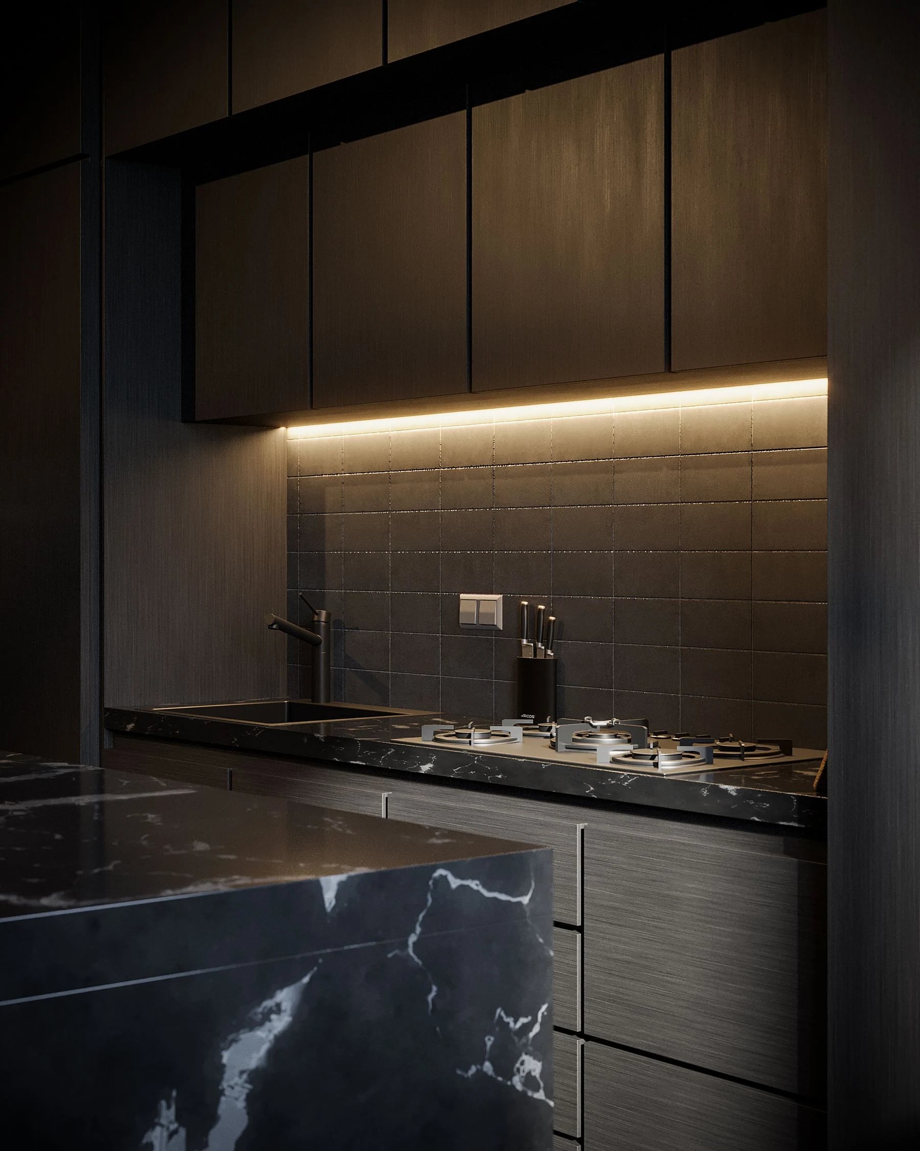 A sleek and modern kitchen design featuring dark cabinetry and ambient lighting. Reference photograph for Atelier Sora.
