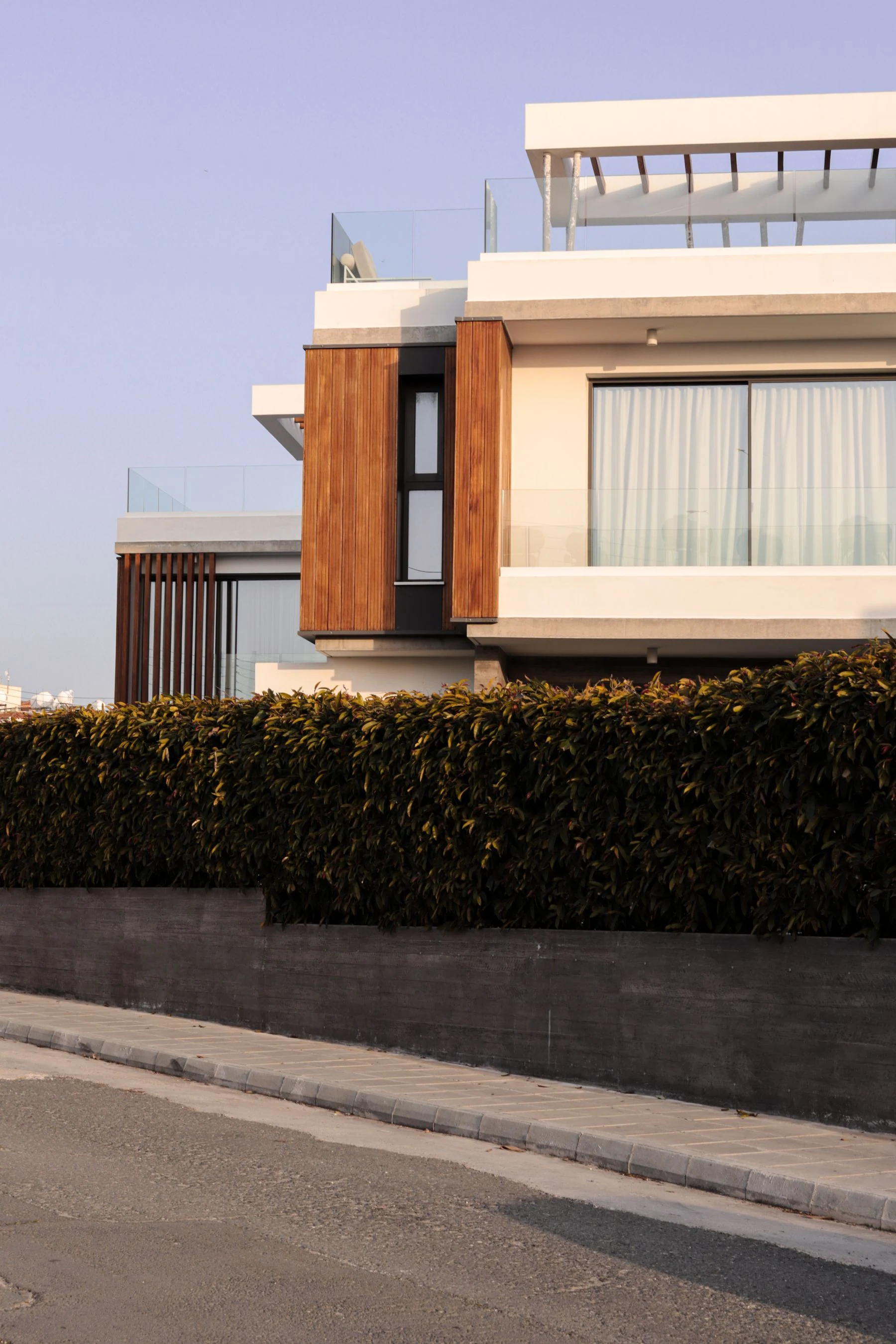 Modern villa with wooden accents and lush greenery in urban setting. Reference photograph for Sela Residence.